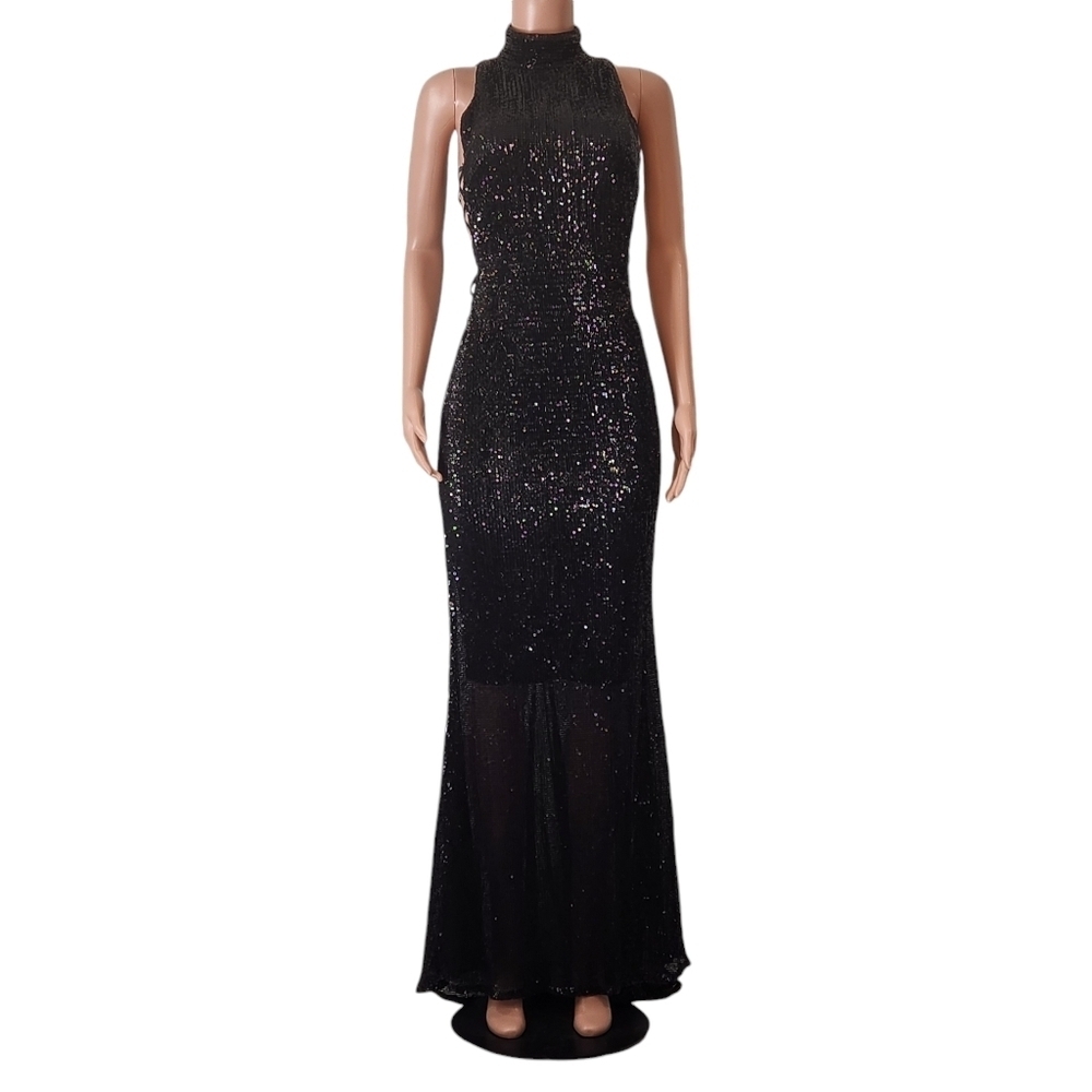 Abyss by Abby Black Halter Sequinn Sleeveless Cutout Sides Dress Sz M